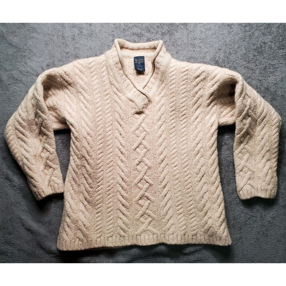 Paul James Sweater Medium 100% Wool England Cream Fisherman Cable Knit